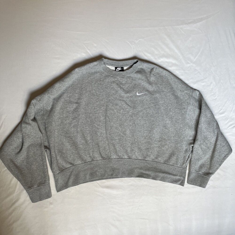 Nike Sweatshirt Womens Large Gray Cropped Fleece Pullover Swoosh Logo Oversized